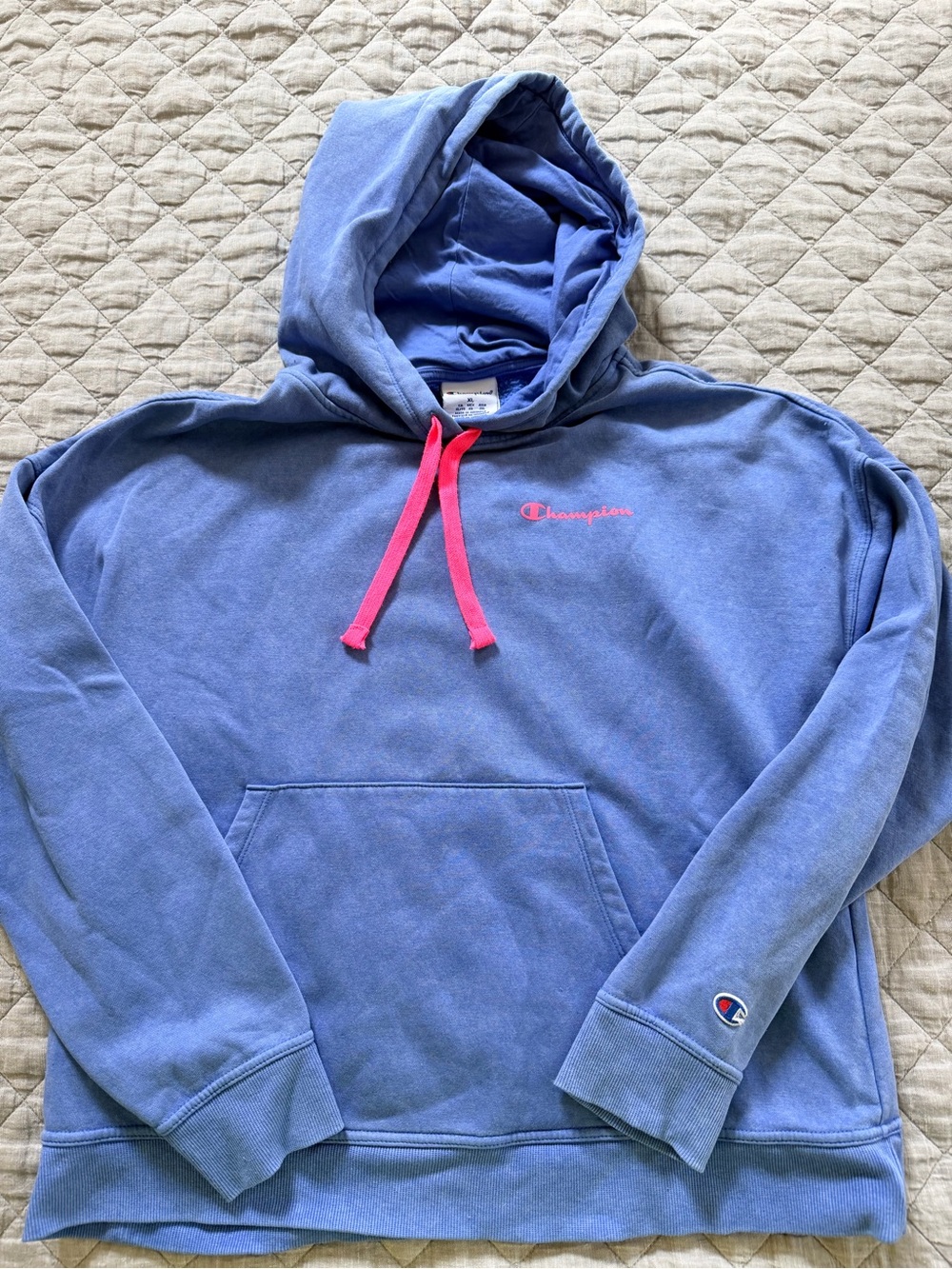 Champion Blue Hoodie with Pink Drawstrings